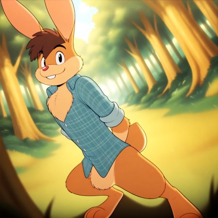 4k, score_9, score_8_up, score_7_up, gay, solo, 1boy, furry, full body, 
mature, male, sharp focus, masterpiece, best quality, amazing quality, good eyes, detailed, good lighting, good background,
in the forest,  looking at viewer,
billybuns, neck fluff, rabbit ears,  <lora:billybuns1:1>, brown hair, 
wearing blue and white checkered shirt with sleeves rolled up, SFW,