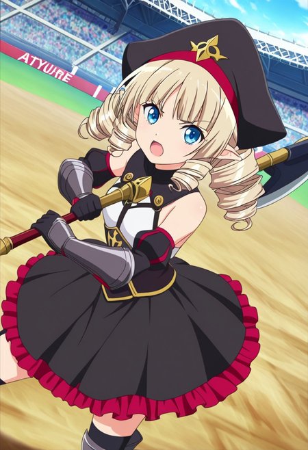 general,highres, ultra-detailed,very aesthetic,best quality ,best hands,best eyes,easynegative,
dynamic anglre, dutch angle, anime cloring,anime screencap,
1girl solo,looking at viewer,arena,outdoors, open mouth, holding axe,armor, gloves, fighting, 
Yumir,blue_eyes, light bronze hair,drill hairs,black hat,small breasts,pointy ears,short body, petite,bare shoulders shirt, frills skirt,
