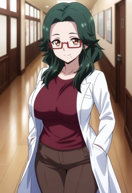 masterpiece, best quality, amazing quality,asari jiangma, brown eyes, green hair, long hair, glasses, mature female, mole under the lip, 1girl, breasts, semi-rimless eyewear,under-rim eyewear, solo,large breasts, red-framed eyewear, labcoat,maroon t-shirt,brown pants,closed mouth, smile, standing, looking at viewer, cowboy shot, indoors, hallway, blurry background <lora:asari jiangmaV1:0.9>
