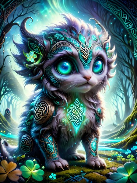 A ((masterpiece)) wildlife photograph of a cute, furry alien creature with Celtic-inspired designs, bioluminescent iridescence, and surreal eyes, amidst an ethereal retro sci-fi setting, in Kodachrome color, ((UHD HDR10)), shot on Canon EOS R5 Worm's-eye view angle, <lora:ral-cltc:1> ral-cltc, <lora:perfect-eyes:1> perfecteyes