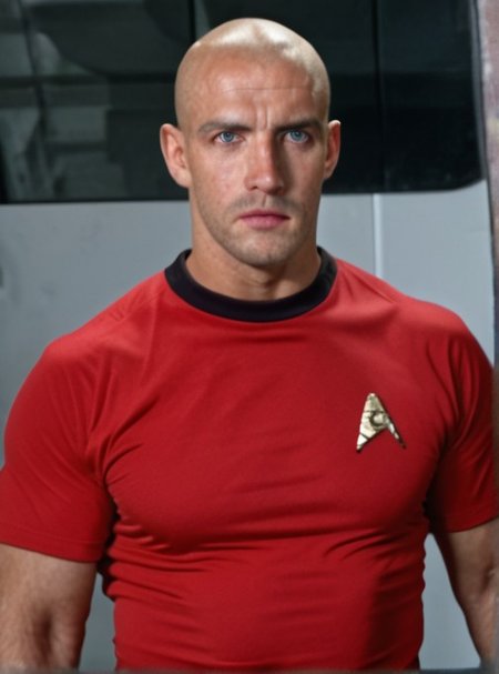 1boy, 20 year old male, Handsome, masculine, blonde, star trek, red shirt, muscle,  tall, tight shirt, wide pectorals, big shoulders, wide shoulders, muscular neck, German, bald,

stunf, star trek uniform,