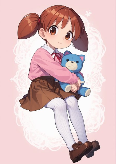 score_9, score_8_up, score_7_up, score_6_up, source_anime, zPDXL, <lora:ALTXL_pony_0061_8:2>, BREAK
1girl, solo,  <lora:Mihama_Chiyo_Chiyo-Chan:0.9> chiyo, twintails, Auburn hair, brown eyes, short twintails, little girl, child, cuddling a plush toy, cozy, school uniform, brown loafers, brown skirt, pink shirt, red ribbon, neck ribbon,  <lora:Cotton_Tights:1> ribbed tights, white tights,