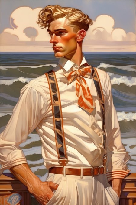 <lora:J.C. Leyendecker Style:1>J.C. Leyendecker Style - Maldy guy beautiful interesting. It stands beautifully dressed in a modern way, and the sea surrounds it at the foot. Painting done in the style of Joseph Christian Leyendecker
