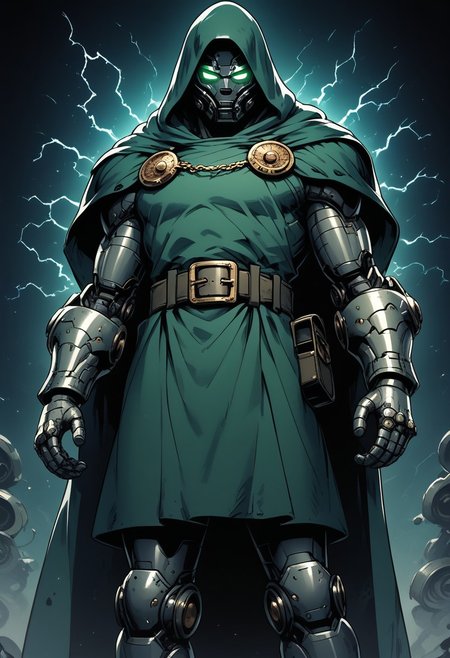 score_9 score_8_up, score_7_up, high-resolution comic book illustration of Doctor Doom standing between two towering Tesla coils, enveloped by crackling electrical discharges from the coils, his iconic green cloak and metallic armor gleaming with reflected light, intense and menacing expression on his face, the background is a dark laboratory filled with scientific equipment, blue and white electrical arcs create a dramatic and dynamic scene, emphasizing his power and dominance, vibrant colors and bold lines typical of comic book art style, "sinozick style", easynegative, sinozick style, flat color, dark theme, hood, cape, belt, armor, cloak, mask, gauntlets, muscular, boots, glowing eyes, glowing, electricity