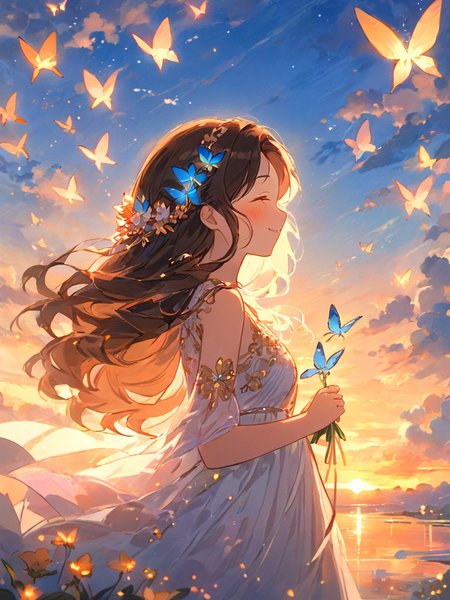 <lora:shenmingshaonv_xl:1>,(\shen ming shao nv\),glowing butterfly,1girl, solo, flower, long hair, closed eyes, sky, cloud, smile, white dress, closed mouth, outdoors, holding, butterfly hair ornament, blue butterfly, sunset, brown hair, blush, black hair, from side, evening, bangs, cloudy sky