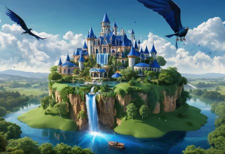 A magic castle built on an island that is floating in the sky, many parts made of beautiful deep blue crystal, a waterfall flows from the floating island in the sky down to the ground, dragons flying in the background, a green and pleasant landscape, gentle hills and farm land, photorealistic, high quality, high detail