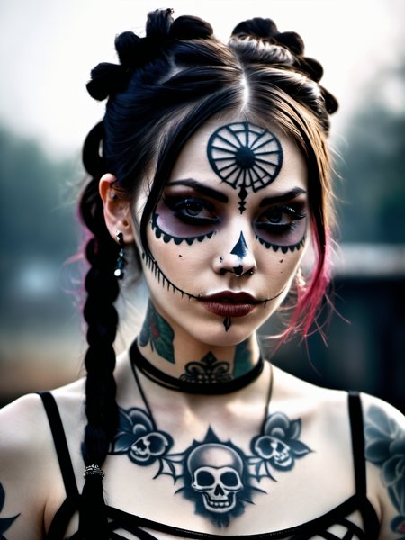 1 girl,solo,(pale skin:1.3),face tattoos,tattoos,body tattoos,demonic symbols,dusty background,fog,Black background,pigtails,skull girl,day of the dead,, Ultra-HD-details, true to life, HDR image,High detail resolution,soft eyes,natural skin,high detailed face,high detailed cloth,film photography,vintage,cinematic lighting,realistic,sharp focus,(very detailed),((4K HQ)),depth of field,f/1.2,Leica,8K HDR,High contrast,shadows, bokeh,(detailed and realistic skin texture),(detailed clothing),(detailed background),detailed skin,(highly detailed skin),(8K HDR photo),realistic texture,realistic shadows,accurate to life,living image,lifelike