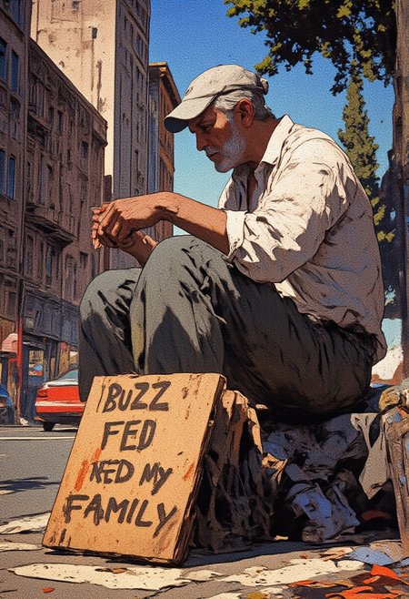 4k quality, (Perfect hand), anime, (masterpiece), (detailed face), detailed
A man with short, homeless man sitting on the curb in downtown Los Angeles. He is holding a sign on a piece of cardboard that says "Buzz to feed my family" in English text.