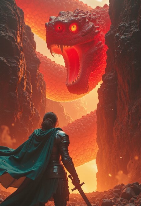 In a desolate canyon carved by centuries of conflict, the view stretches over the shoulder of a resolute knight, her battered armor gleaming faintly in the scattered light.
R3alisticF, bosstyle, cinematic POV,
Before her towers the Ruby Coil of Despair—a colossal, translucent serpent whose sheer size dominates the canyon. Its dark red skin glows faintly, like molten glass, with intricate fiery veins visible beneath its surface, pulsing ominously. The serpent’s gaping maw, lined with fangs as sharp as spears, stretches wide, venom dripping in slow, menacing rivulets that sizzle on the sun-scorched rock below.
The dawn sun backlights the beast, piercing through its translucent beige and turquoise body, creating breathtaking patterns of refracted light that ripple across the canyon walls. The serpent’s guttural roar vibrates the air, sending shards of glowing rock and shimmering blue particles cascading through the dust-filled atmosphere.
Volumetric beams of light frame the knight’s silhouette, her cape swaying in the trembling wind. Her sword is raised, catching the serpent’s glow as she braces herself against the oncoming, otherworldly threat—an epic clash that will decide the fate of the canyon itself.