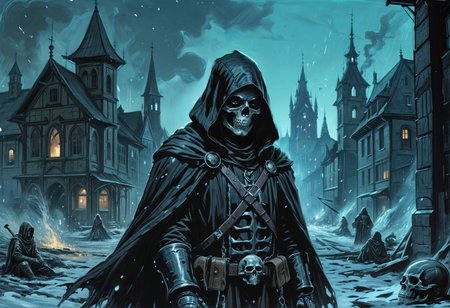 Charcoal and chalk drawings. Exquisitely detailed dark fantasy style illustration depicts Death, robot dark lighting hacker hood, night city cyber, night city, background fire gloves blue flame fire, background in the style of Anders Zorn, Alexi Briclot, Luis Royo