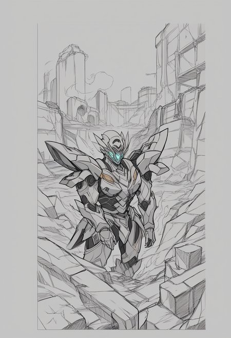 score_9, score_8_up, source_anime, SAM, mecha, full armor, helmet, ruins, wasteland, burning, fire, flames, lineart, sketch, <lora:ChamFireflyPonyXL:1>, <lora:Potat-lineart_sketch_v1-USENEG:-0.9>
