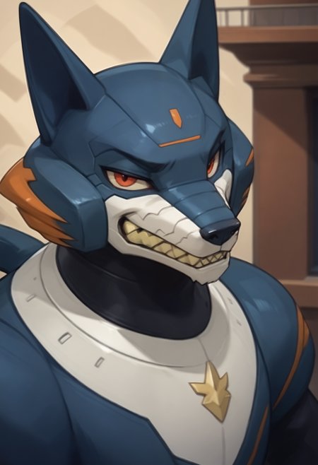 <lora:Wolf_Woods>, score_9, score_8_up, score_7_up, 8k, masterpiece, anthro only, furry only,1boy, w00ds, wolf boy, looking at viewer, close up, side angle, smug,   <lora:[Artstyle] SomethingWeird_Geekpower [PDXL]:0.5>
