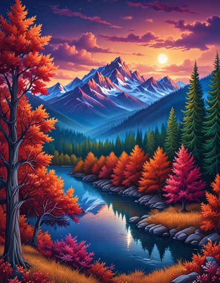 novuschroma06 style autumn landscape with mountains   <lora:novuschroma06 style:1>, <lora:sdxl_lightning_8step_lora:1>