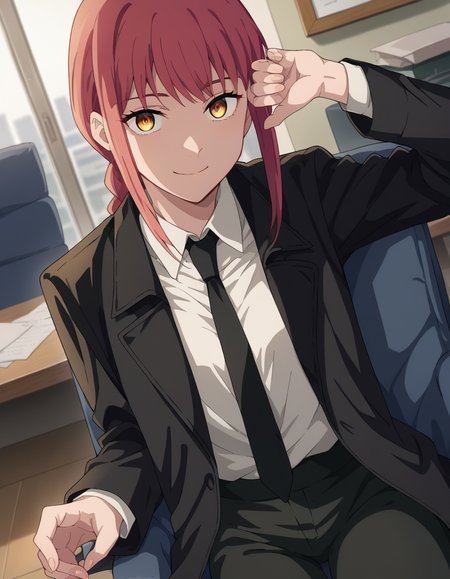 score_9, score_8_up, score_7_up, source_anime,
makima, <lora:chainsaw-man-makima-s1-ponyxl-lora-nochekaiser:1>
makima, long hair, smile, bangs, yellow eyes, braid, red hair, braided ponytail, ringed eyes,
shirt, long sleeves, jacket, white shirt, necktie, collared shirt, pants, black jacket, black pants, formal, suit, black necktie, shirt tucked in, office lady,
indoors, office, sitting, chair, smile,
looking at viewer, cowboy shot, dutch angle,