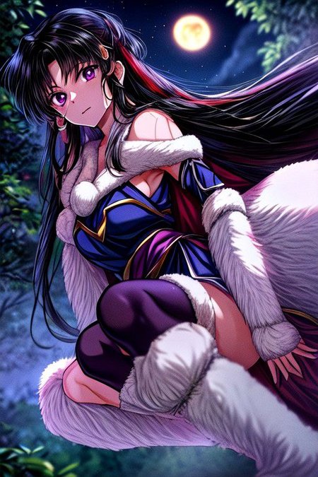 masterpiece,  best quality 1girl Setsun4 solo long hair,  (night time) forest background black hair very long hair purple eyes multicolored hair armor (fur trim) (medium body),<lora:EMS-179-EMS:0.800000>,<lora:EMS-293862-EMS:0.800000> cleavage, bracers, cape, fur boots