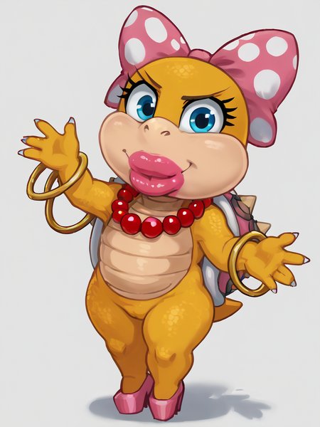 <lora:WendyKoopa1.0:1> wendykoopa,  yellow skin, pearl necklace, thick lips, polka dot bow, blue eyes, solo, shortstack,high heels, cute,short ,smile,  1girl, furry female, spiked shell, tail, looking at viewer,white background, <lora:Smooth Anime Style LoRA XL:1>
