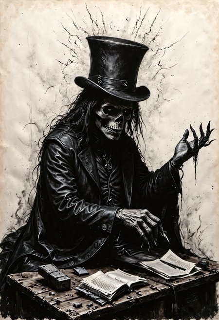 devast8,rbcharcoal,visually stunning magical energy in a vacuum, "long haired Skeleton in a Tophat" by Clive Barker,expressive, emotional