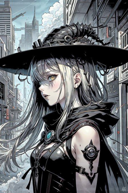 best quality, masterpiece, 1 girl, adult woman, coral eyes, natural blonde layered hair, focus on character, solo, (style-swirlmagic:0.8), solo, 10%from side, side view, upper body, detailed face, <lora:ChromeTech:0.6>, chrome, metallic, chrometech theme, vampiric mercenary, 40%(glowing eyes:1.0), (innocent wonder,:1.05), 3%sleeveless doublet, cape, shrouded in a cloak of sparks, 10%weaving supernatural sigils, neural-link implants enhancing cognitive abilities, 20%long-healed claw marks, gray color palette, outdoors, lamps,,smoke, 20%futuristic sky city, clouds in background, summer, backlighting,