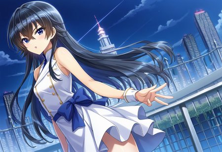 score 9, score 8 up, source anime, masterpiece, best quality, detailed eyes, detailed face, cowboy shot, outdoors, cityscape, night sky, 
Otsuki Hagane, blue eyes, black hair, hair between eyes, very long hair, small breasts,