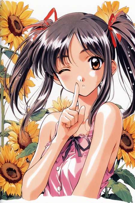 Kaho Morii,1girl,solo,flower,sunflower,one eye closed,brown eyes,brown hair,black hair,upper body,ribbon,hair ribbon,looking at viewer,twintails,sleeveless,traditional media,index finger raised,short hair,white background,finger to mouth,bare shoulders,bangs,shirt,simple background,shiny,parted lips,1990s \(style\),retro artstyle,<lora:Mizutani Tooru_XL:0.8>,
