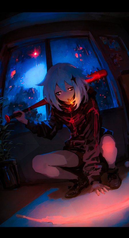 (cinematic medium shot in style of solo leveling,:1.2)  (by keihh:1.1), j.k., anime coloring, gradient coloring, (glowing theme:1.2), (dark theme:1.2), (black theme:1.1),  red theme, 
1girl, original, paimon \(genshin impact\), 
holding large baseball bat, squatting, bags under eyes, leaning forward, foreshortening, half-closed eyes, staring,  looking at viewer, head tilt, bored, (dutch angle:1.2), perspective, vanishing point, fisheye, sharp teeth, closed mouth, baseball bat over shoulder, arm support, indoors, potted plant, window, 
smoking cigar,  
very awa, best quality, highres, masterpiece,
<lora:nhl-004:0.7> nhl-004, <lora:nhl-001-20:0.25> nhl-001,