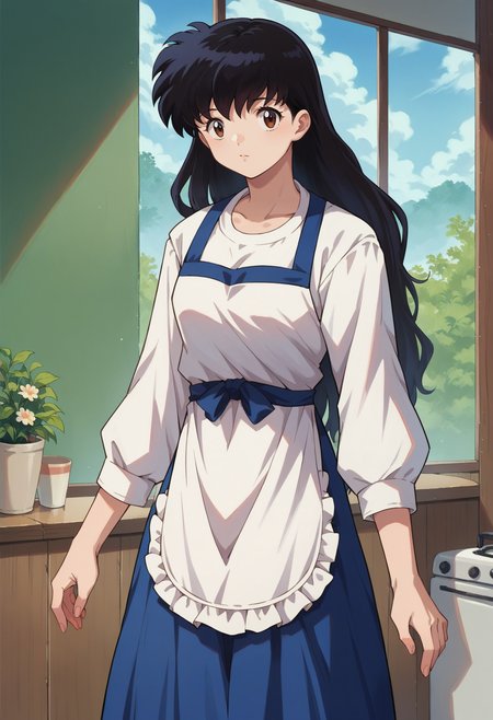 score_7, score_8_up, score_7_up, source_anime, 1girl, solo, looking at viewer, <lora:EPinKagumeSDXL-13:1.0>, EPinKagome, black hair, brown eyes, long hair, detailed background, apron, sky blue skirt, cowboy shot, indoors, [living room|kitchen|bed room|classroom|bath room| train interior| car interior]
