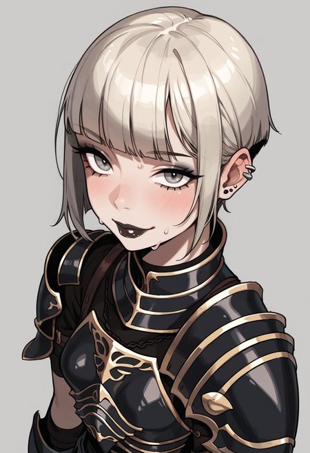 score_9, score_8_up, score_7_up, score_6_up, fantasy,  18yo, 1girl, tavern background, focus from above, extreme closeup, sweat, naughty smile, looking at viewer, gray eyes, female knight, eyes half open, emotionless, goth, pale skin, platinum blonde, dark lipstick, very short hair, short bangs, ((wearing black armor)), shoulder armor, black armor, small breasts, (slim fit), firemblemStyle, gray background,<lora:1g0rXLP:0.2> <lora:Expressive_H:0.45> <lora:g0th1cPXL:0.45> <lora:incase-ilff-v3-4:0.35><lora:PossumMachine_v2:0.6><lora:Fire_emblem_style:0.6>