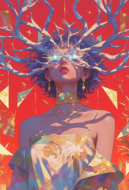 A hyper-realistic full-body portrait of an Asian woman with an extraordinary hair design styled into surreal waves, with twisted loops shaped like abstract tree branches tipped in iridescent violet. Her eyes are concealed by holographic, shimmering face jewelry that reflects the golden light around her. She wears the NU London jumpsuit with a wide-leg silhouette and large open pockets, the polyester fabric adorned with surreal abstract patterns in glowing hues of gold and green. Her avant-garde pose includes a slightly arched back with arms extended upward, as though reaching for an unseen force. The background is a fiery crimson, accented by glowing golden triangular grids and surreal floral shapes. Soft shadows dance across the scene, creating depth and mystery. Photographed with a Sony Alpha 1, 90mm f/2.8 macro lens, ISO 100, emphasizing the glossy textures. Post-processed in Topaz Gigapixel AI for stunning clarity and refinement. (surreal photo, iridescent, aesthetic, in the style of Jed-clrfl, ne0nfant4sy)