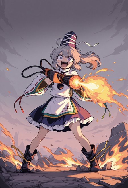 masterpiece, best quality, amazing quality, absurdres, colorful, very aesthetic, 1girl, solo, mononobe no futo, crazy eyes, tears, fearful, (complete psycho, maniacal laugh), going mentally insane, expressive, open mouth, (aiming upwards), flamethrower, holding flamethrower, charging massive fireball, charging flamethrower attack, standing on rubble, arson, burning buddhist temple