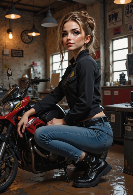 profile headshots, She is approximately 18 years old, full body view, dynamic angles, multiple angles, photoshoot poses; A photo of Cynthia, is painted in a realistic style. She is wearing a blue shirt and a black jacket, blue jeans and black boots,and her hair is in a bun. she is working on a land speeder in a mechanic shop, indoors,  The painting captures her smiling expression and the details of her outfit. which adds to the focus on the girl's face and her outfit. The overall composition is a beautifully rendered portrait of a young girl. 32k UHD, expressive eyes, punk, graphic design, girl's face, pretty and cute, gleaming lips, telling a tale of adventure. Exuding confidence and serenity. The overall mood of the image is happy and relaxed,detailed skin texture,(blush:0.2),(goosebumps:0.3),subsurface scattering,with a playful and whimsical tone, aidmaHyperrealism, aidmarealisticskin,Niji style,