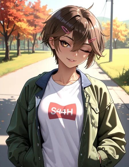 masterpiece, best quality, very aesthetic, absurdres,
outdoors,
upper body, 
t-shirt, open jacket, hands in pockets, 
 seductive smile, parted lips, long eyelashes, one  eye closed, 
<lora:Sasha_v01_NAIXL:1>
S4sh4,1girl,solo,tomboy,short hair,brown hair,hairclip,hair between eyes,brown hair,bangs,