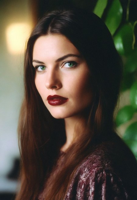 CinematicPortrait woman (analog photo) brunette ( slavic )  masterpiece indoors, (glossy dark lipstick), green eyes, (), (soft focus, depth of field, film grain), (((looking at viewer))) <lora:CinematicPortraitXL_v3:0.25>  <lora:EuroBabe-v4-XL:0.35>
