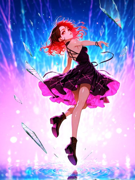 masterpiece,best quality,solo,(solo focus:1.4),(solo:1.2),1girl,(Full body Shot:1.1),detailed background,dramatic lighing,cinematic still,light skin , medium hair , multicolor hair , red hair , Multicolour iris, round shaped eyes , dark brown eyes , realistic eyes, detailed eyes , looking at viewer , from behind , medium breasts,pink eye makeup,pink eyeshadow,multicolor background,colorful,at night,clothing in wind,hair in wind,[magical girl, dress | goth, gothic dress],<lora:BrokenGlass_illusXL_Incrs_v1:1.2>,glass shards,reflection,broken glass,full body shot,jumping, freeze frame, mid air, jumping straight up ,ripples,galaxy,neon lights,film grain,particles,blurry background,bokeh background,stars,realistic,jewelry,featured on pixiv,<lora:ChamIllustriousBackgroundEnhancer:0.8>,<lora:UK shiny_skin1v_ILXL:0.7>,shiny skin,<lora:BLE(Illust)0.1v:1>,