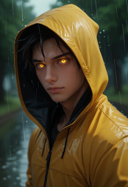 score_9, score_8_up, score_7_up, CINE, solo, 1boy, jacket, yellow eyes, upper body, male focus, outdoors, hood, blurry, from side, wet, no humans, depth of field, blurry background, glowing, glowing eyes, hooded jacket, close-up, hood up, rain, glowing eye, 
dof, depth of field, realistic, blurry background,
 <lora:CINE-000008:0.8>