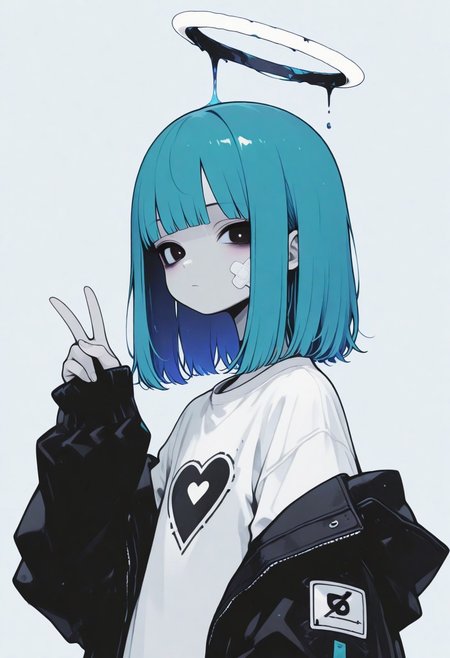 masterpiece, best quality,high quality, newest, highres,absurdres,  <lora:Sinozick_style-000019:1>,Sinozick_illu,gradient,spot color,  1girl, solo, jacket, bandaid, shirt, halo, white shirt, looking at viewer, upper body, bangs, medium hair, simple background, bandages, v, black eyes, blue hair, long sleeves, heart, closed mouth, hand up, off shoulder, sleeves past wrists, black jacket,white_theme