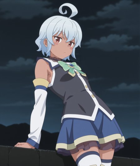 official art, absurdres, highres, anime coloring, hi res, best quality, masterpiece, 2d, intricate details, 4k,
1girl, solo, female, nose, blush stickers, short hair, red eyes, ahoge, white hair, grey hair, dark skin, dark-skinned female, 
skirt, thighhighs, bow, bare shoulders, detached sleeves, white sleeves, white thighhighs, zettai ryouiki, blue skirt, cosplay, alternate costume, aqua \(konosuba\) \(cosplay\),
cowboy shot, contrapposto, leaning back, arm support, 
(night, darkness, black theme:1.3), depth of field, mountainous horizon, black background, cloud, cloudy sky, <lora:Eris_(Character)_ILXL:1>,