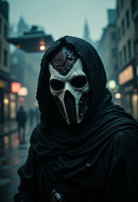 A dystopian, hyper-detailed close-up of a Sith-like figure draped in a dark, tattered cloak, its coarse, weathered fabric etched with the scars of countless battles across the galaxy. The hood is crowned with writhing, shadowy tendrils that seem almost alive—snaking and curling with restless intent, like Sith alchemy made flesh. The figure's face is concealed behind a pale, bone-like mask, its surface cracked and uneven like brittle porcelain exposed to centuries of decay. The mask's hollow eye sockets glow with a faint, crimson hue, evoking a terrifying, predatory awareness, while a jagged, mouth-like grille emits a soft mechanical hiss, reminiscent of ancient breathing apparatuses. The figure's aura crackles with dark side energy—ghostly blue and sickly green arcs of lightning slither across the mask, refracting through the surrounding mist in distorted, unnatural patterns.
The photograph, captured in a vintage dystopian style, appears slightly grainy with muted, desaturated tones dominating the scene. Soft scratches and imperfections mar the image’s surface, evoking the feeling of an artifact recovered from a lost holocron. In the dim background, blurred silhouettes of ruined skyscrapers loom like gravestones, their forms distorted by the swirling mist. High above, a crescent-shaped Star Destroyer hovers, its underbelly aglow with faint, menacing lights. The figure’s posture is one of patient malice, as if it knows the fight is already won.