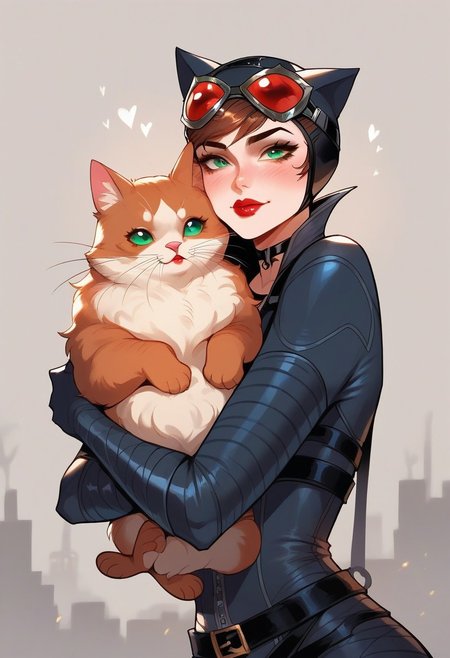 score_9, score_8_up, score_7_up, score_6_up,  <lora:p3tl0v3XLP:1> p3tl0v3, 1girl, catwoman, green eyes, mask, lipstick, grey bodysuit, belt, black elbow gloves, boots, hugging a kitten,