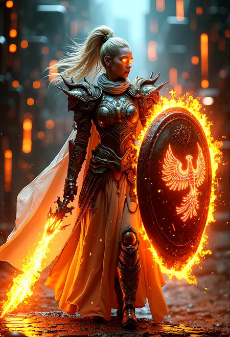 photorealistic image of a warrior with half cybernetic eyes with flames cascading from her armor, equipping with large fiery shield with phoenix emblem and flaming weapon with lightning element imbued, standing at the center of a cyber nexus with glowing circuitry and digital interfaces, blending fantasy fire magic with high-tech environments, dynamic lighting with reflections on metallic surfaces, ultra-detailed textures, vibrant colors, next-gen graphics, high-definition, complex composition, cinematic




cinematic scene, cinematic lighting, intricate detail skin and facial texture, lifelike expression, accurate character design, dynamic pose, interesting and complex background details, 



 














