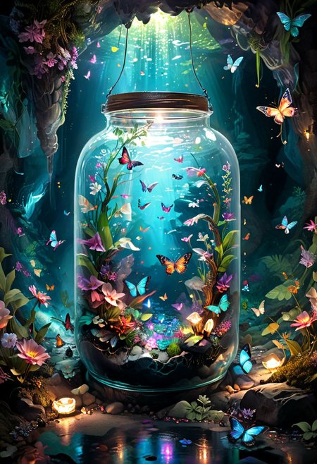 a glass jar filled iridescent light with flowers and butterflies in a cave with hanging pants and flowers on the floor, bright iridescent light from the top, pixabay contest winner, fantasy art, magical cave, hd phone wallpaper, filled with water, colorful hd picure, water everwhere fantasy, ( visually stunning, amoled, deep jungle from another world, hyperrealism. fantasy 4k, beautifull.