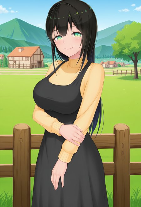 anime screencap, masterpiece, best quality, <lora:Keiko [Illustrious] Ota Guchi Field:1>, 1girl, solo, CitGrKei, black hair, long hair, green eyes, black dress, pinafore dress, turtleneck, yellow sweater, long sleeves, standing, looking at viewer, cowboy shot, naughty face, outdoors, scenery, tree, village, grass, wooden fence, blue sky,