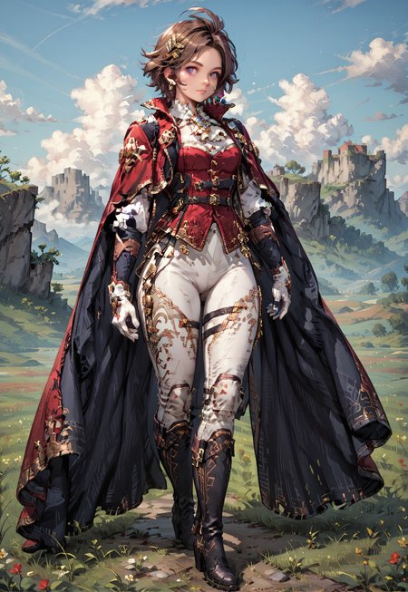 score_9, score_8_up, score_7_up,perfect eyes,hi_res,1girl, solo, brown hair, short hair, gloves, boots,  purple eyes, white pants, hair ornament, pants, cape, knee boots, miranda, jerkin, outside, field, full body