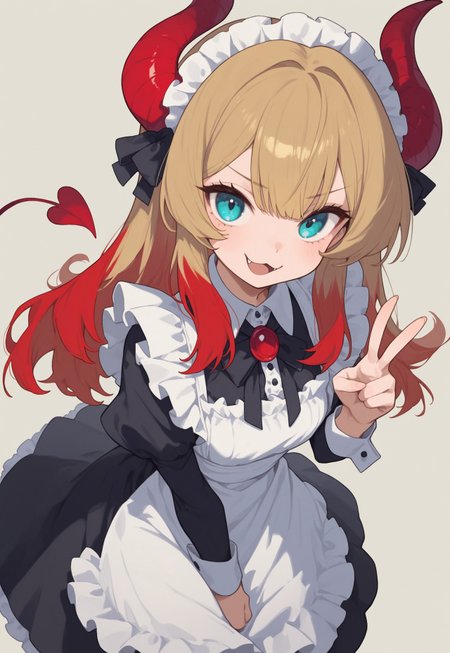 absurdres, newest, (Perfect details),(****), medium shot, 1girl, solo, multicolored hair, blonde hair, aqua eyes, blue eyes, brown hair, red hair,  cat mouth, happy,  peace sign, demon horns, maid dress, , dynamic angle, sharp focus, detailed 4k eyes, 4k, detailed, BREAK, darkened background, darkened surroundings, comiks, fgg, 