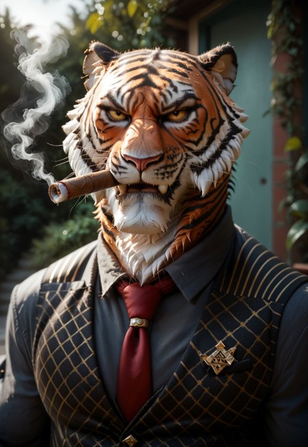 safe_pos, score_9, score_8_up, score_7_up, score_6_up, score_5_up, score_4_up, source_furry, hi res, solo, Oscar, Tiger, Vest, Black Collared Shirt, Red Tie, sexy pose, seductive look, portrait, holding, cigar, smoking
