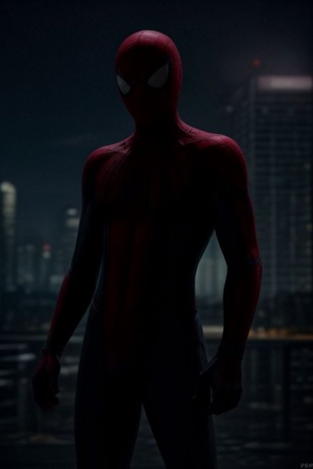 Spider-Man in a red and blue suit on the background of a night city. He stands surrounded by cobwebs and looks directly at the viewer