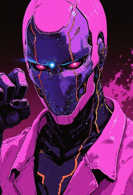 Dynamic action pose, hand raised in a dramatic stance, an electrifying fight scene with floating neon dust, high-budget anime sequence, pastel-neon vaporwave aesthetic, extreme close-up of a bubblegum cyber ninja, sleek pink-and-purple cybernetic mask with glowing circuits, intricate holographic armor with shifting colors, ultra-detailed iridescent high-collar plating, cinematic lighting, soft neon reflections on glossy surfaces, hyperrealistic bokeh macro shot, 64-megapixel DSLR