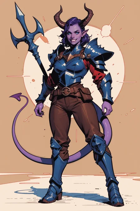 1girl, horns, tail, solo, pointy ears, brown pants, colored skin, pants, breasts, armor, shoulder armor, full body, blue eyes, medium hair, boots, looking at viewer, purple hair, demon tail, knee boots, purple skin, black nails, brown background, belt, pauldrons, standing, shirt, demon horns, demon girl, medium breasts, simple background, smile, jewelry, long sleeves, large breasts, armored boots, nail polish, colored sclera, <lora:Expressive_H:0.5>, score_9, score_8_up, score_8_up, a_Comic_Illustration, rough lines with ink, (drawn:1.1), (sketch:1.5), (crosshatching:1.25), (comic style:1.1), graphic novel style, sharp lines, hires, zstyle, (western comics \(style\):1.1), (hatching \(texture\):1.2), zPDXL, Mr_Monster_Possitive