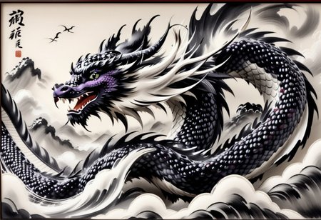 score_9, score_8_up,
blackberryworld, breathtaking sumi-e painting,
asian flying dragon painted , cloudy sky painted, thunder striker painted, monochrome, heavy ink, tapered line ends, simple background, blackberry ornate border
