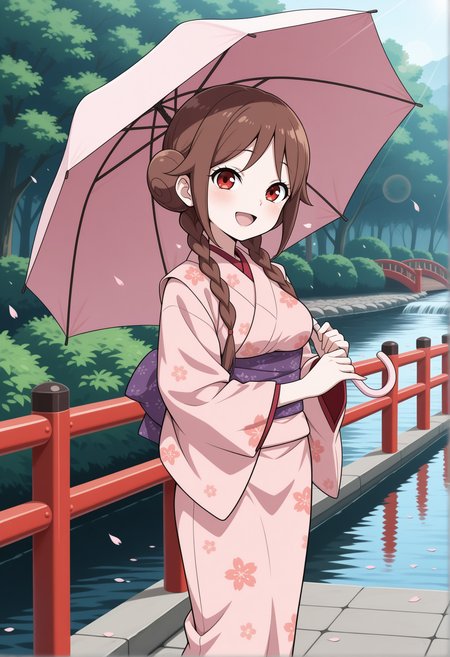 masterpiece,best quality,amazing quality, anime coloring, flat colors,
<lora:NoobV065sHyperDmd:.5>,
 <lora:tachibana_yuzuki_meipaws:.9> 1girl,  japanese clothes, holding umbrella, pink kimono, smile, brown hair, river, outdoors, purple sash, hair bun, bridge, open mouth, :d, twin braids, print kimono, looking at viewer, water, day, blush, double bun, railing, wide sleeves, pink umbrella, red eyes, standing, long sleeves, lens flare, braided bun, bush, petals, stream, parasol, pond, breasts, low twin braids