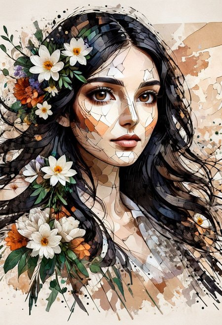 InkMosaic, a portrait of a woman with flowers in her long black hair, brown eyes